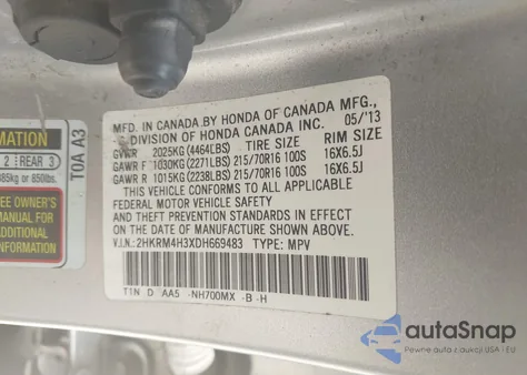 2013 Honda Cr-V Lx from USA, damaged, VIN 2HKRM4H3XDH669483